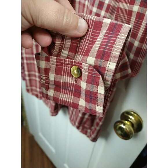 DOCKERS Men Red Blue Creme Plaid collared Long Sleeve Button dress Shirt Size L - Picture 8 of 13